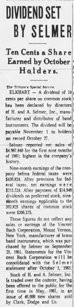 History SelmerBachPurchase SouthBendTribune 1961p59