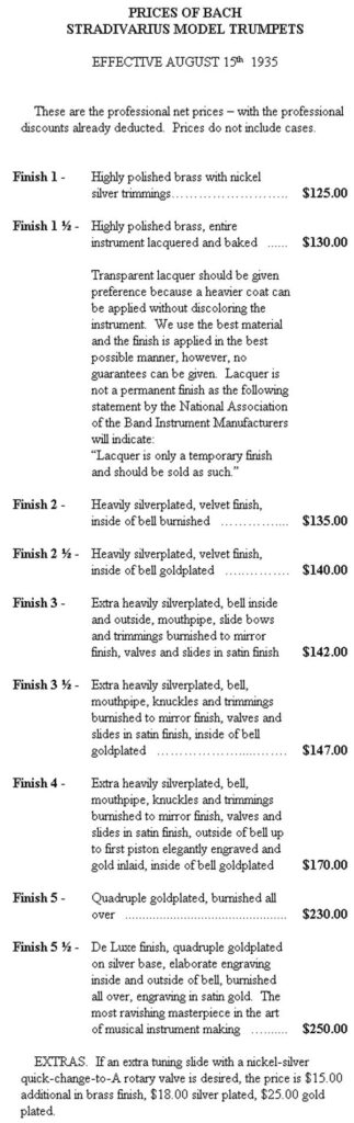 Trumpet PriceList 1935