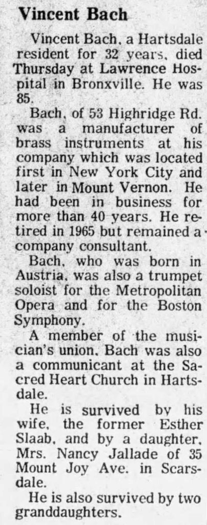 VincentBach Personal Obituary Jan1976