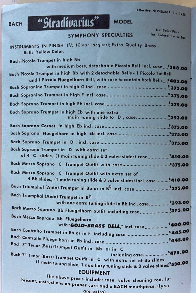 Bach Flugelhorns PriceList1958 Flugel