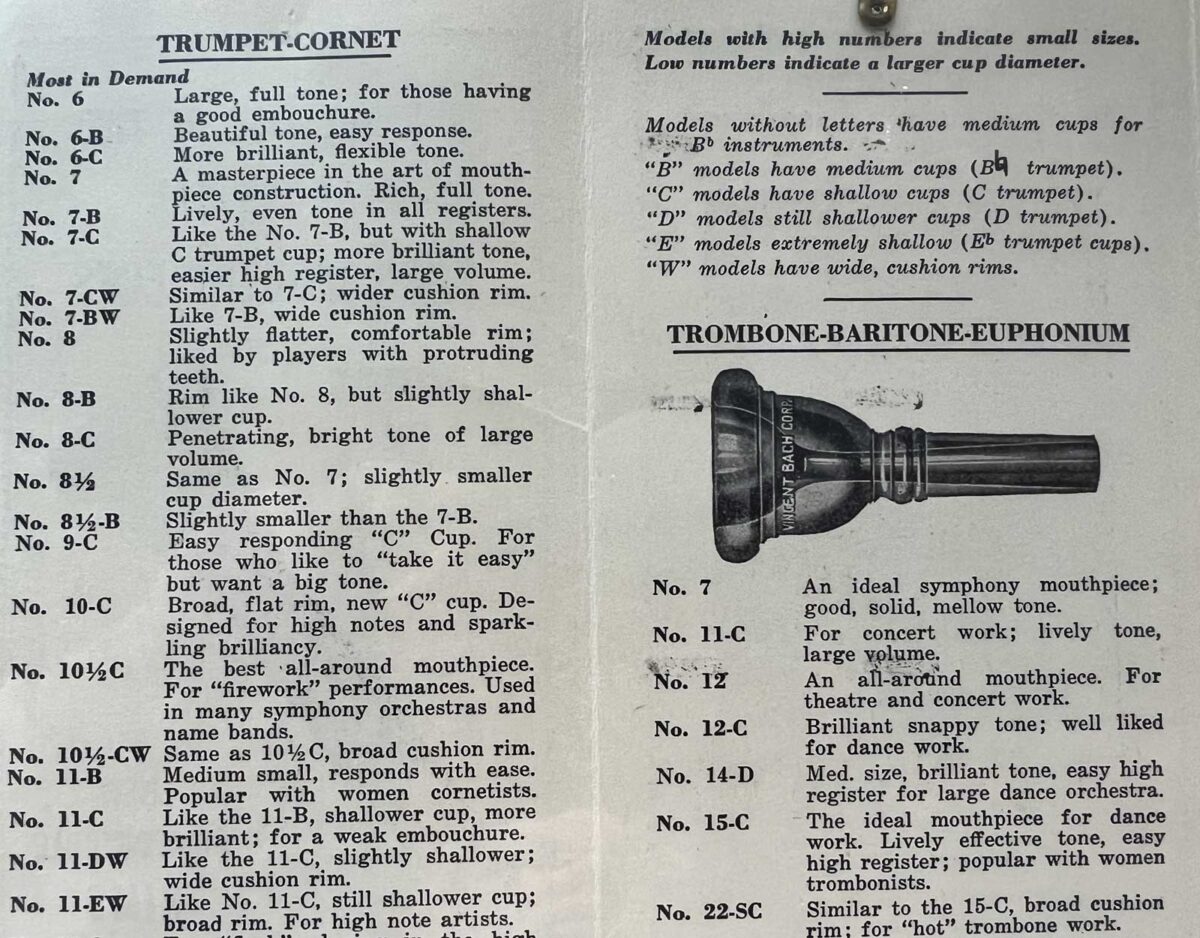 Bach Mouthpiece Models by Year