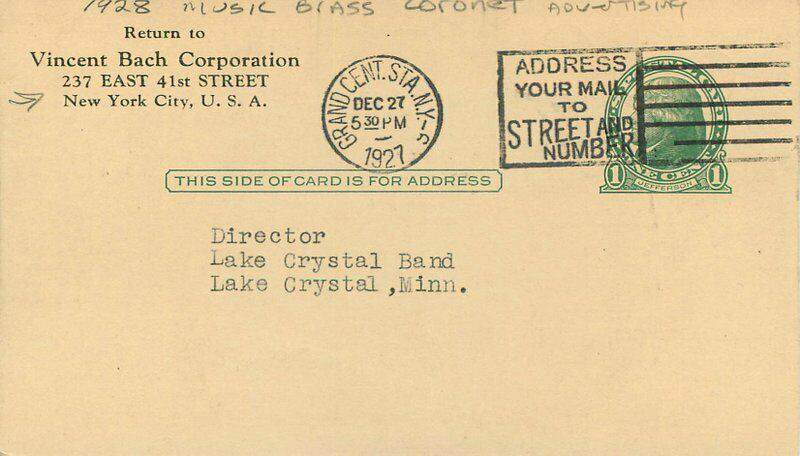 VincentBach Artist PostCard1927 Back