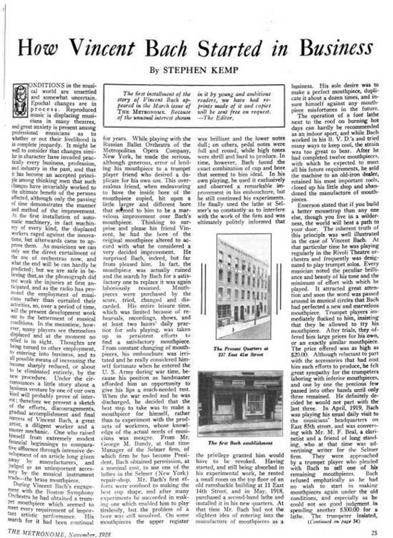 VincentBach Story HowVincentBachStartedInBusiness TheMetronome Nov1928p1