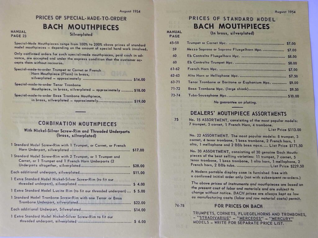 Mouthpiece PriceList 1954 inside