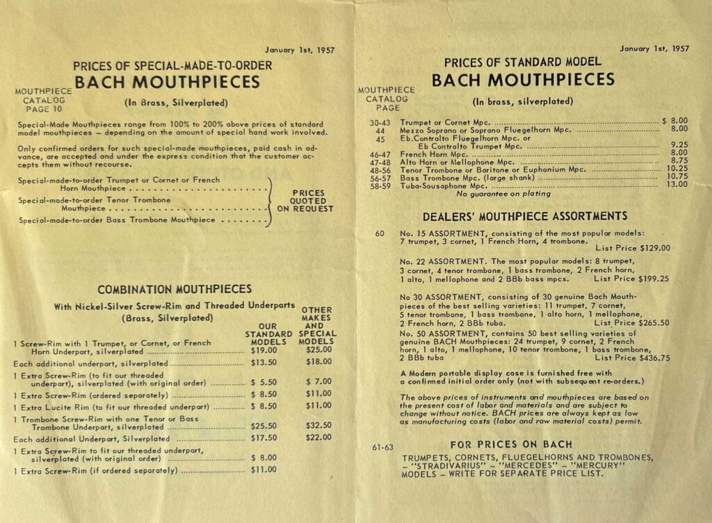 Mouthpiece PriceList 1957 inside