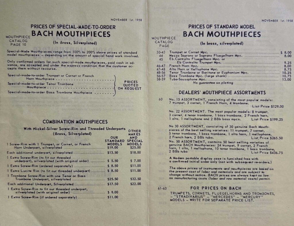 Mouthpiece PriceList 1958 inside